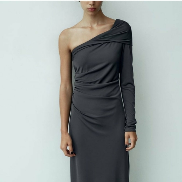 Zara Drapped Asymmetrical Midi Dress Gray - Picture 2 of 13